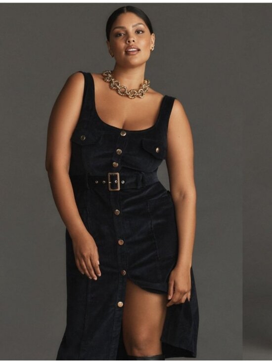 Anthropologie Dresses & Skirts - Maeve Anthropologie Navy Velvet Corduroy Belted Midi Dress Button Front Sze 12